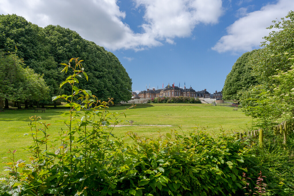 Parc du château de L'Aigle puis parc de l'Hôtel de Ville ; Depuis la partie basse du parc qui fait alterner des découverts (pelouse) et couverts (massif d'arbres) de jardin, l'ancien château apparaît en surplomb. (c) Région Normandie - Inventaire général ; Kerno Marion