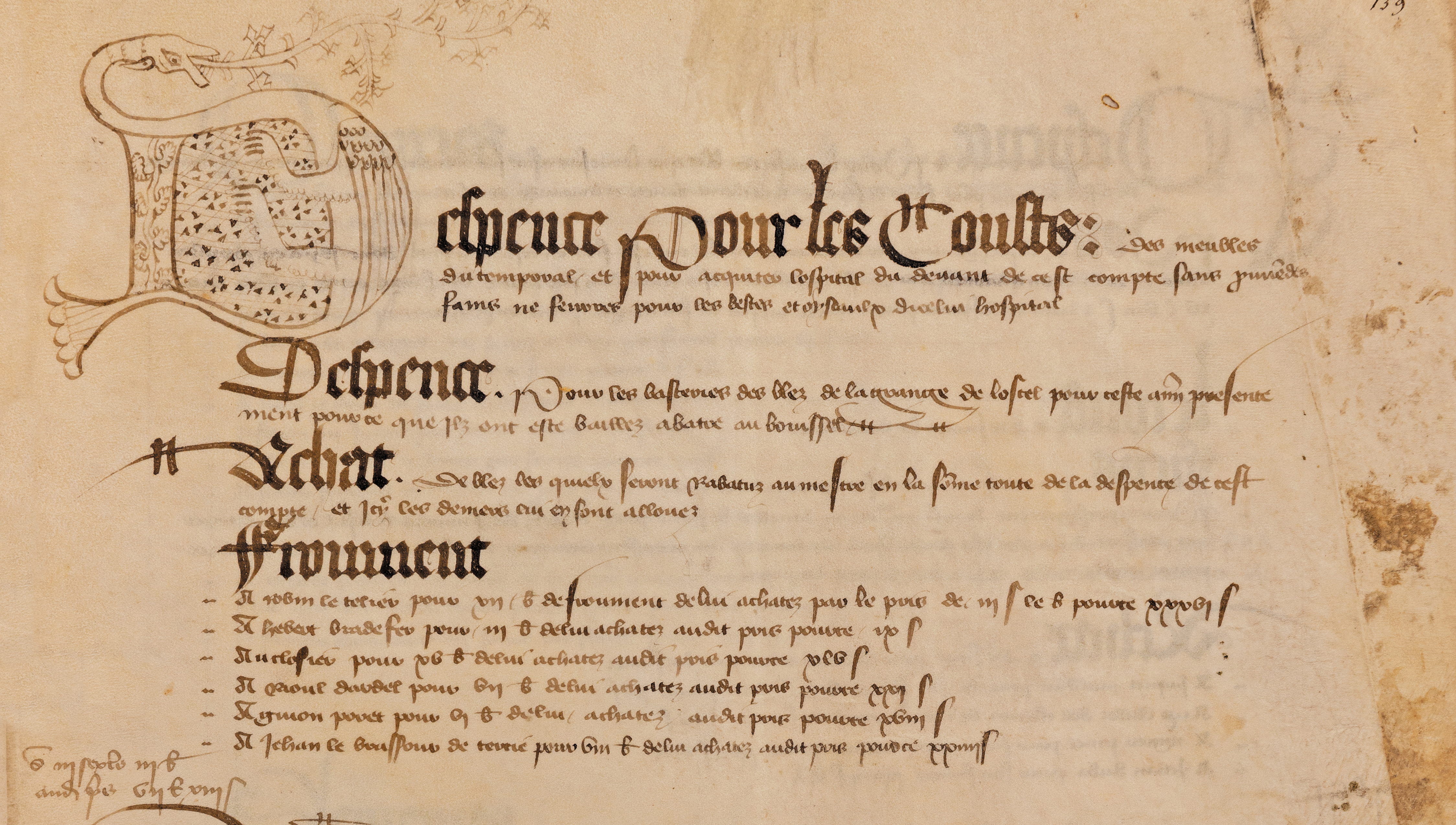 Extrait du registre des comptes de l’hôtel-Dieu d’Argentan, début du XVe siècle | Arch. dép. Orne, H dépôt 2 E 1