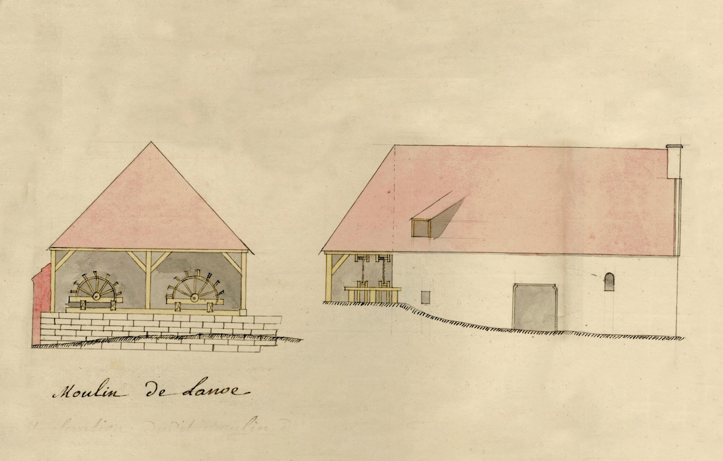 Plan d’élévation du moulin de la Noë appartenant au domaine d’Argentan | Arch. dép. Orne, A 55