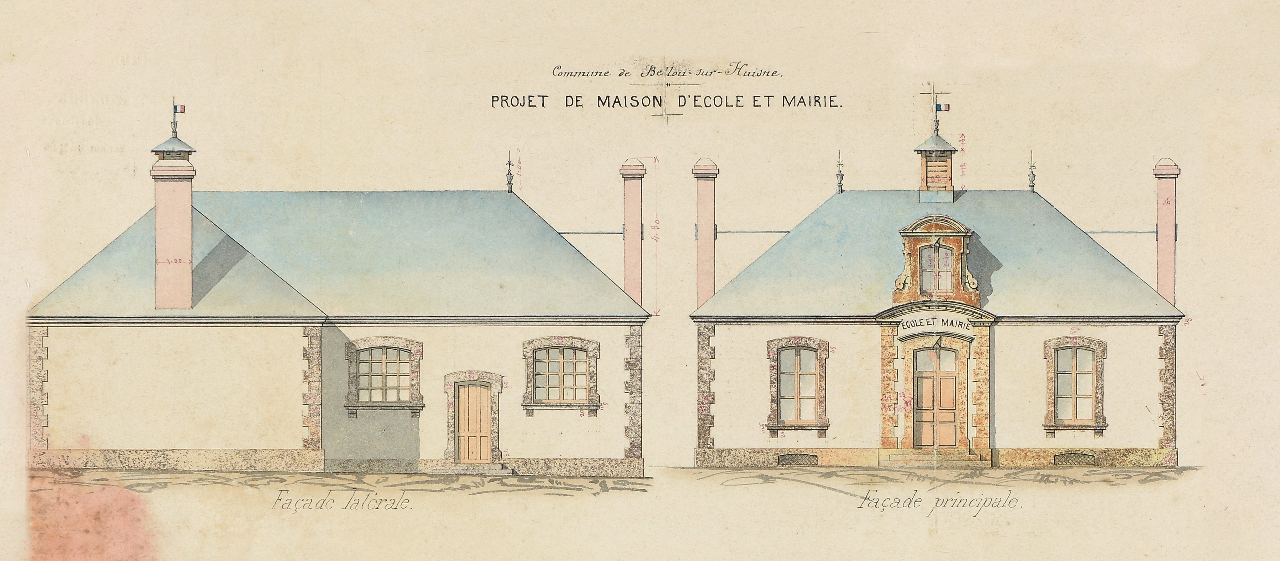 Bellou-sur-Huisne, plan du projet d’école et de mairie, janvier 1865 | Arch. dép. Orne, E dépôt 5 / 80